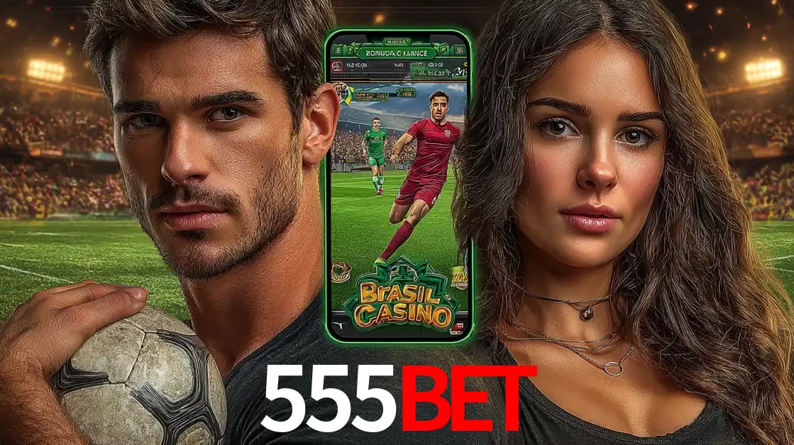 Homem segurando uma bola de futebol e uma mulher ao lado de um smartphone exibindo o jogo de apostas esportivas da 555bet. Faça seu palpite no cassino online.